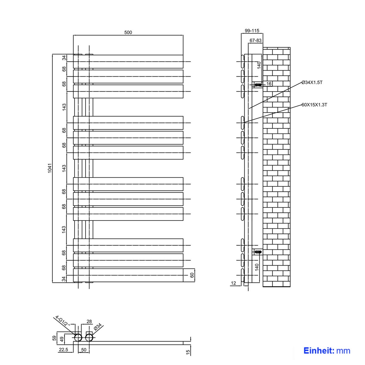 EMKE Flat Badkamerradiator 1041x500 mm Antraciet, Handdoekwarmer voor Badkamers, Handdoekdroger, Paneelhanddoekhouder, Zijwateraansluiting, 529W