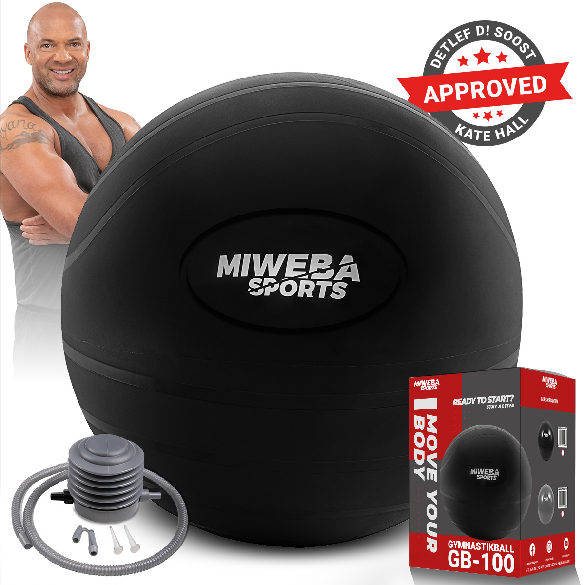 Miweba Sports Gymnastikball GB100, 65cm, Anti-Burst, bis 400 kg, rutschfester Sitzball, PVC, Pumpe (Schwarz)