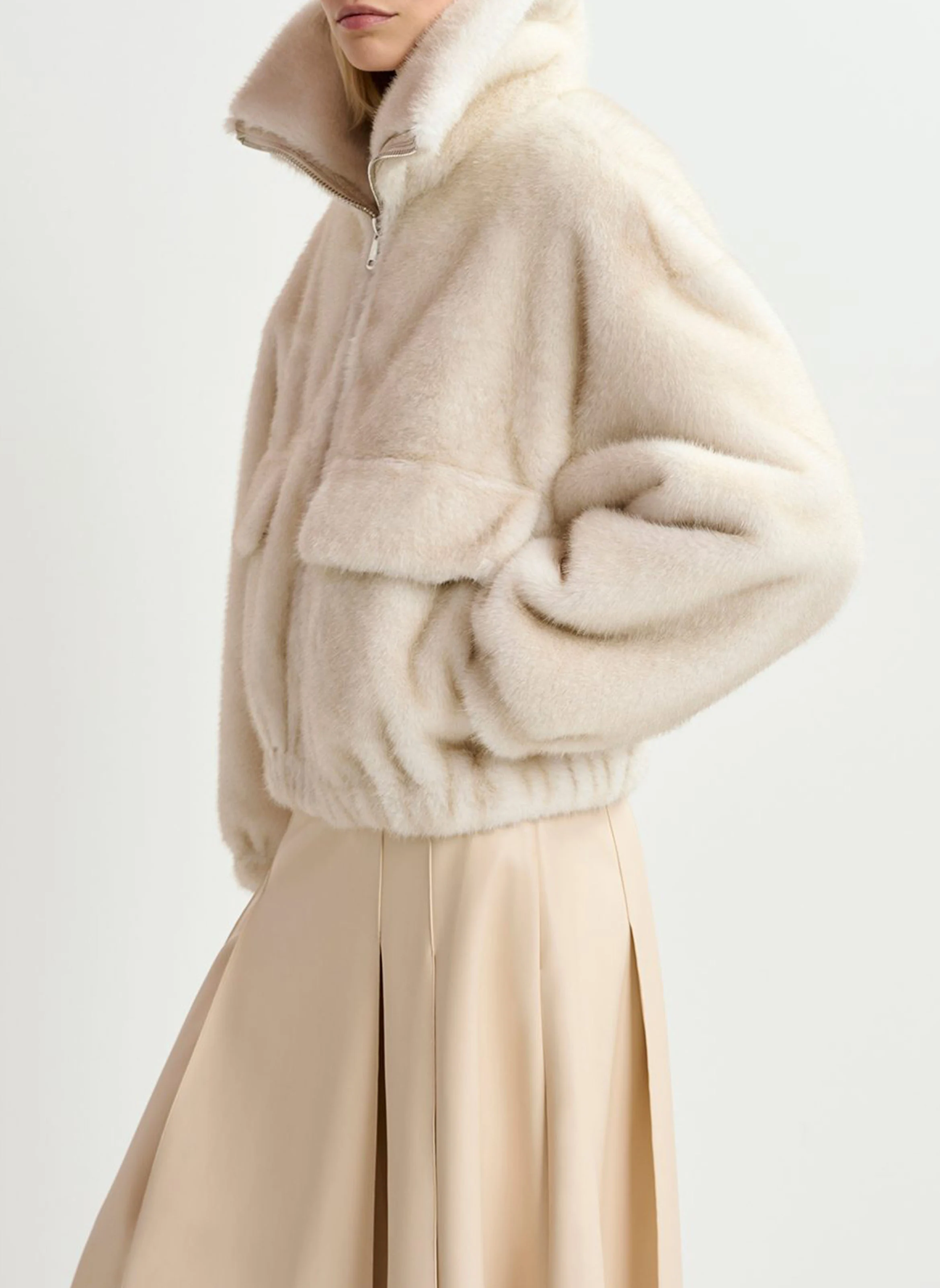 GENZ - Blouson col large en fourrure synthétique| Blanc