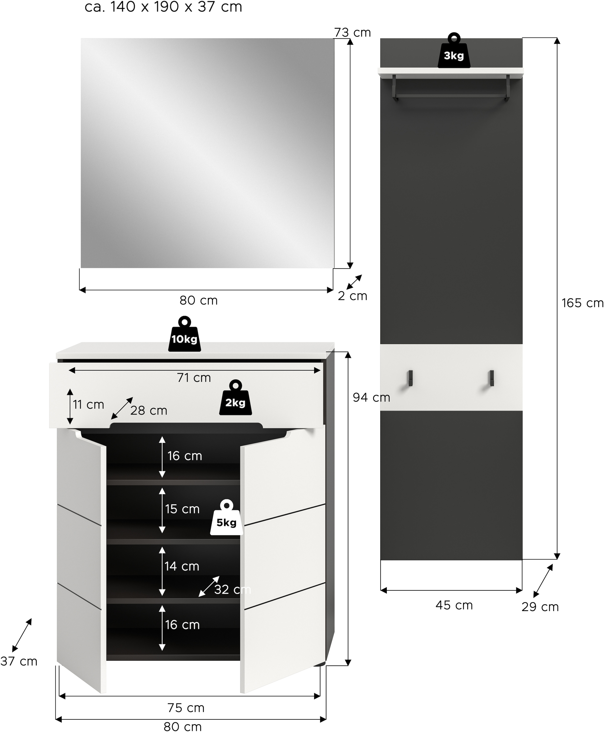 INOSIGN Garderoben-Set »REHAT, TOPSELLER!, 3-teilig, Breite 140 cm, individuell erweiterbar« Set, bestehend aus: Kommode, Spiegel und Garderobenpaneel, 3 Stk. tlg.