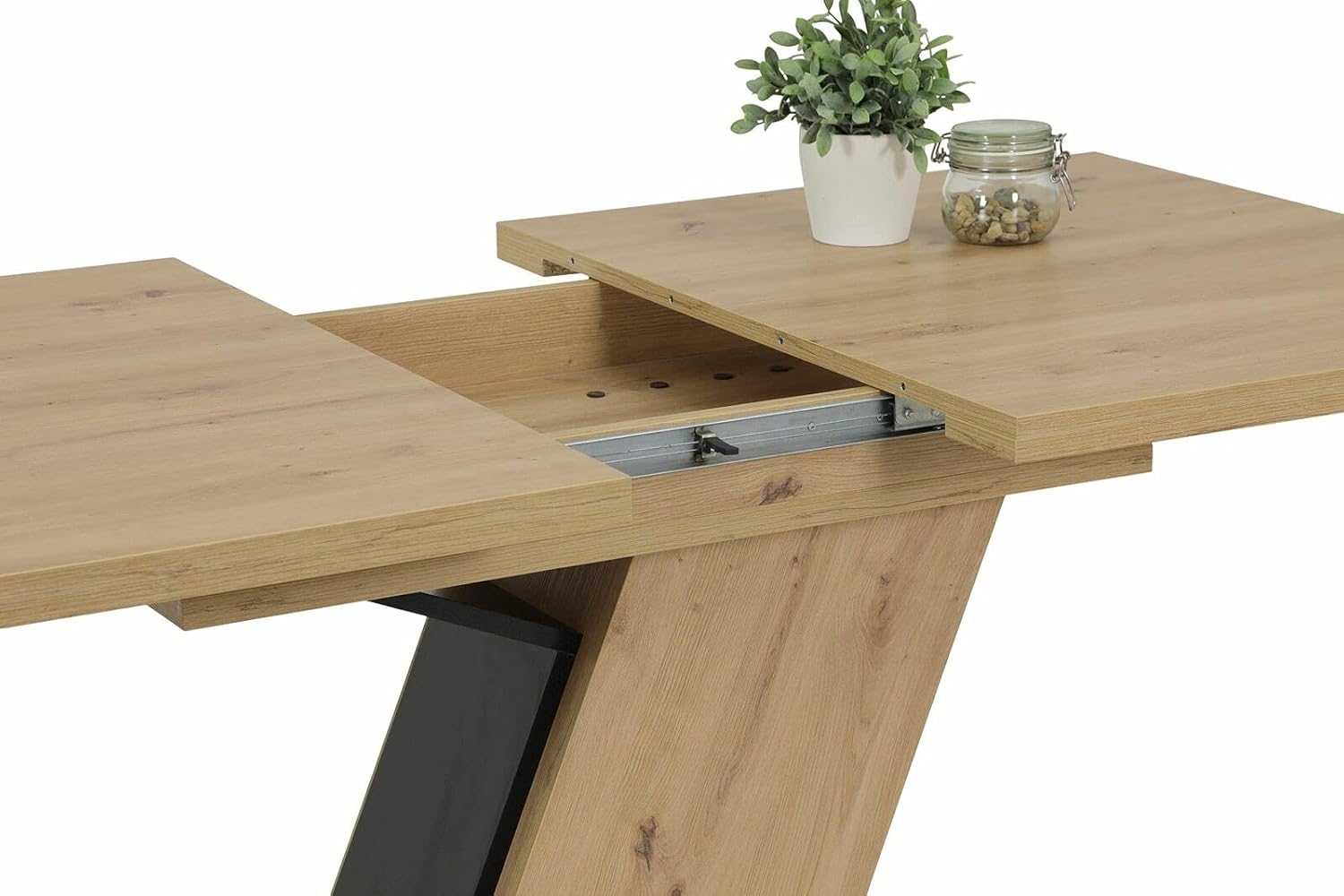 Hela Tische, Säulentisch Esstisch Jeanette, Holzwerkstoff, Dekor Artisan Eiche, Bodenplatte Schwarz, Synchronauszug 140-180x90cm