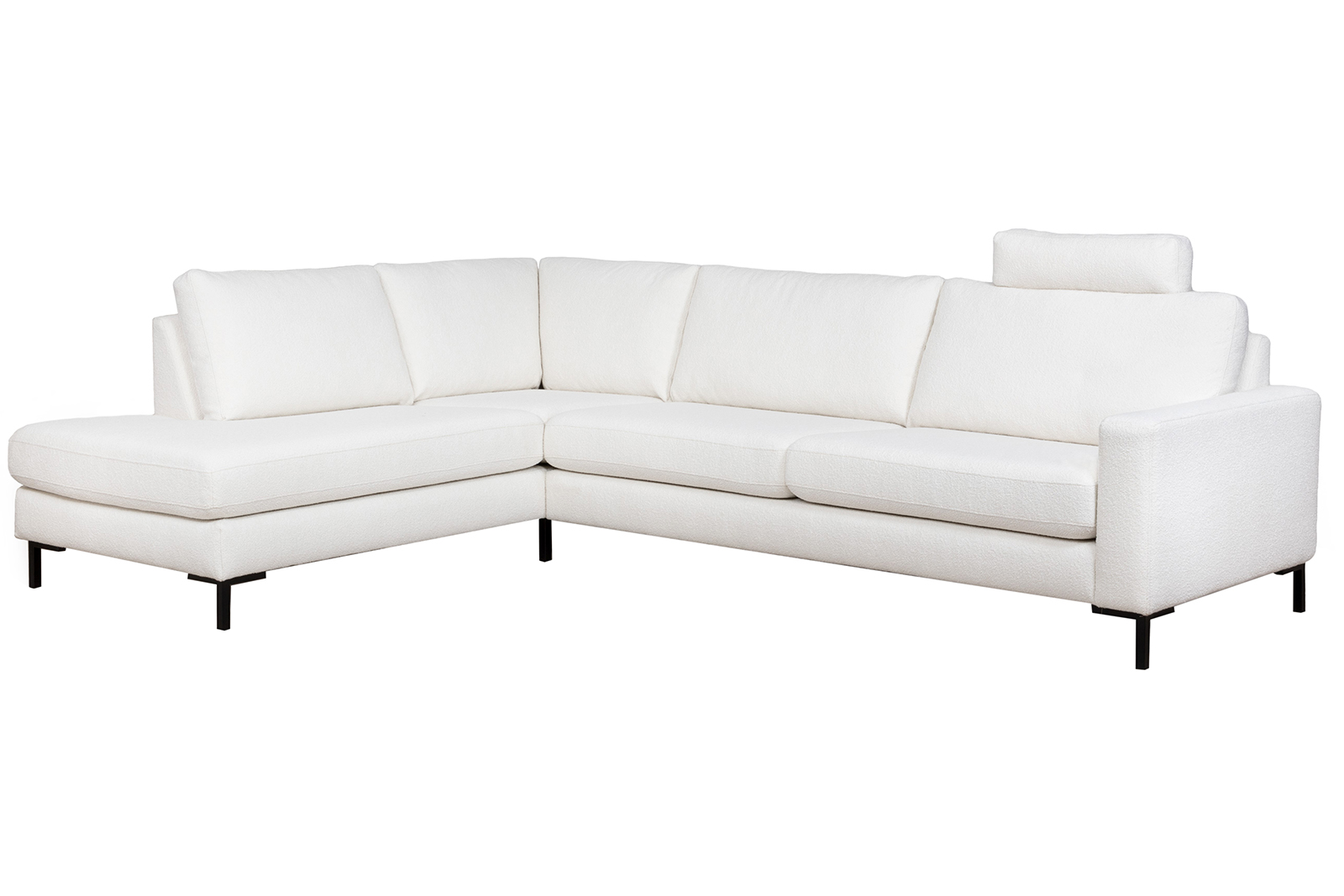Pixel hjørnesofa 3-seter med åpen ende venstre i tekstil Alpine 101 Ivory med høy front, sorte stålben M01 og arm A15. Komfort 1 puter.