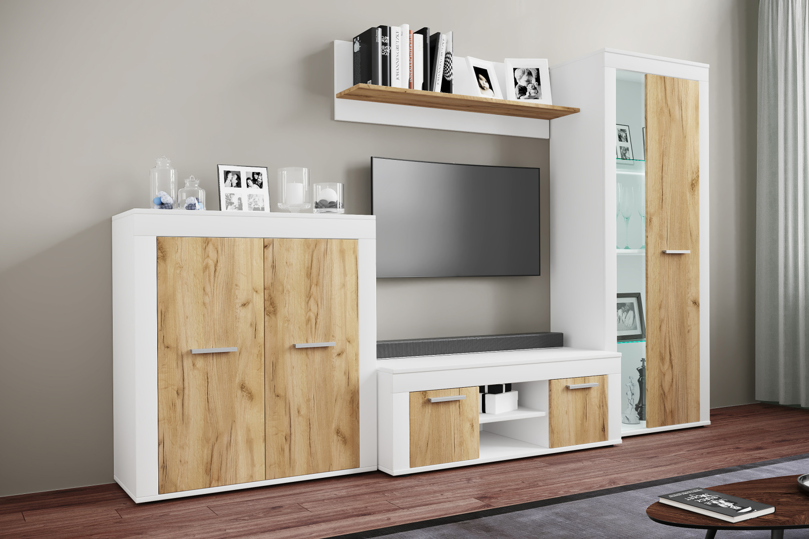 4-teilige Wohnwand USILO L - weiß - Honig Eiche - 242 cm