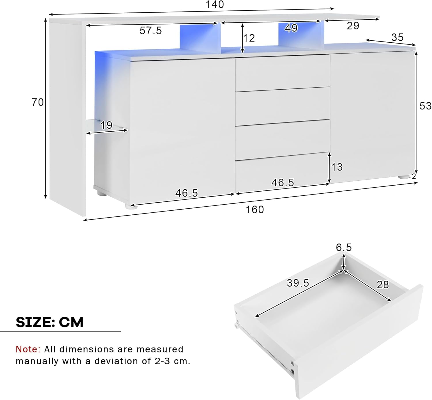 LANTRO JS Kommode Weiß Sideboard Wohnzimmer, Kommode 160 cm Breit, Highboard LED-Beleuchtung mit App Steurung, 70H x 160B x 35Tcm