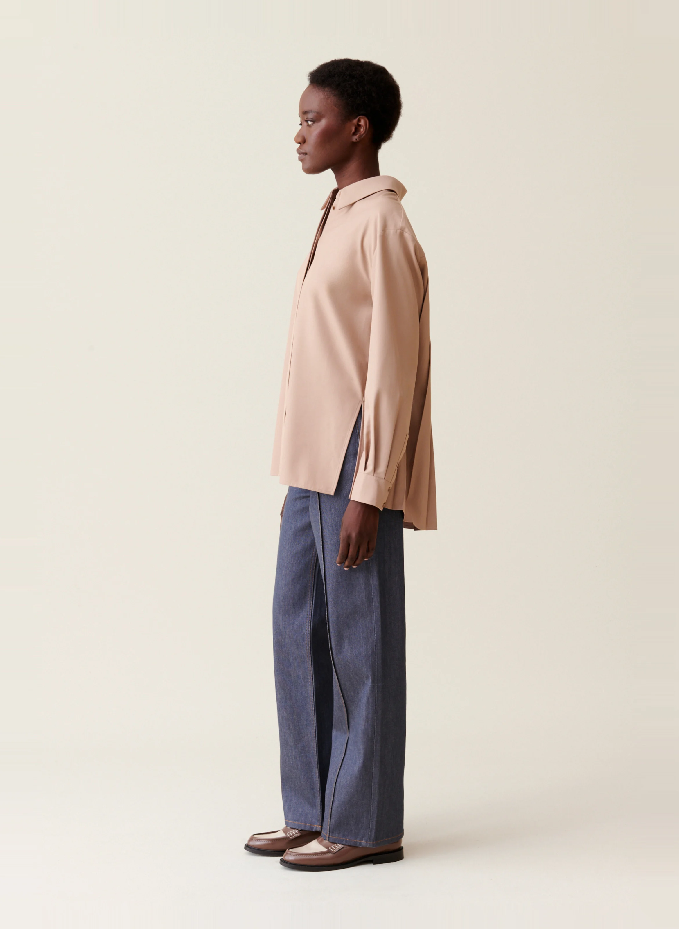 Chemise col classique droite satinée | Beige