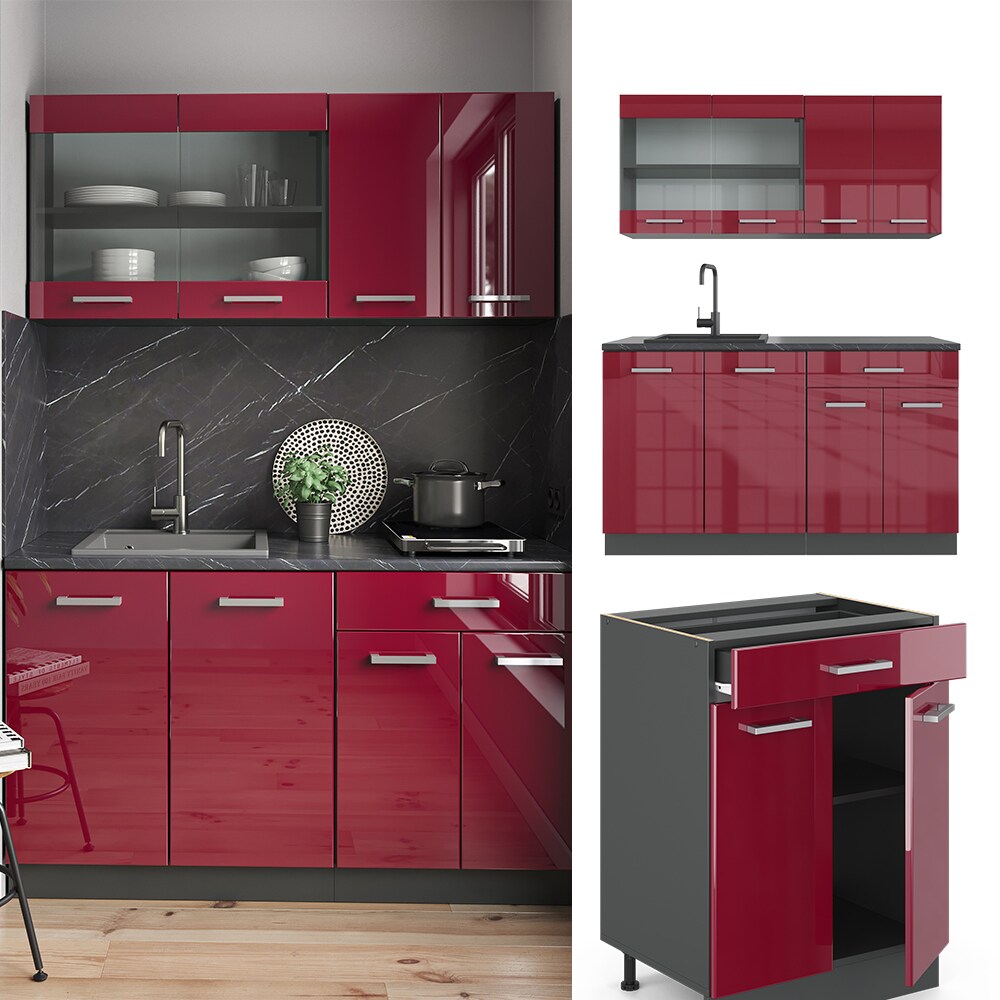 VICCO Küchenzeile R-LINE SINGLE Einbauküche 140 cm Küche Küchenblock Singleküche Anthrazit Bordeaux Hochglanz