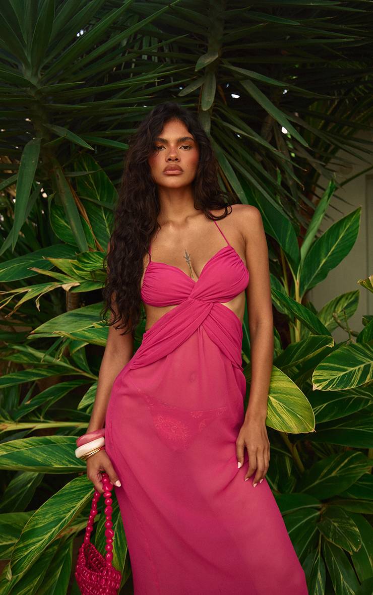 Rose Fuchsia Robe Longue En Mousseline À Bretelles Avec Découpes