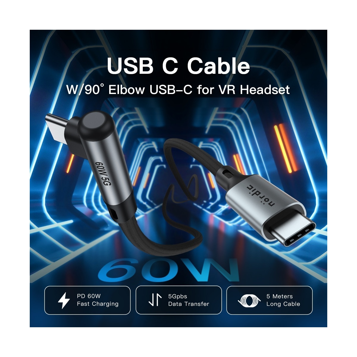 NÖRDIC VR Link-kabel 5m USB3.2 Gen1 USB-C til C 5Gbps 3A hurtiglading Quest 2 Super Speed ​​​​USB Link-kabel Svart