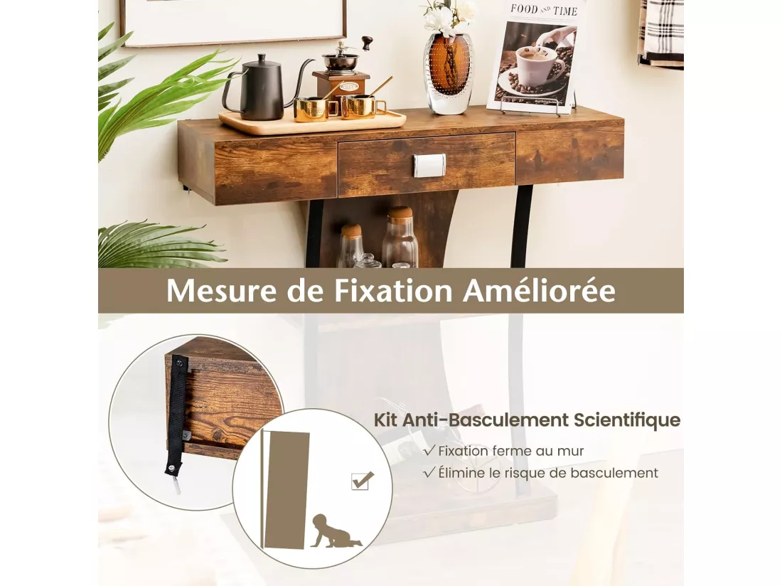 Table de Console Industrielle à 3 Étagères avec Tiroir, Meuble d'Entrée Vintage avec Dispositif Anti-Renversement 91 x 30 x 88cm (Marron)