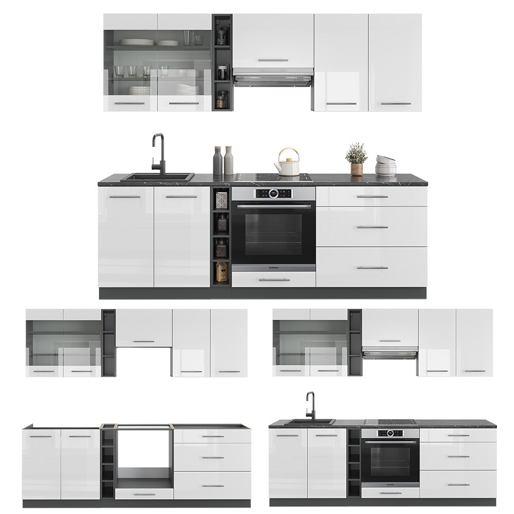 Vicco Küchenzeile Küchenblock Einbauküche Fame-Line Anthrazit Weiß 235 cm modern Hochglanz Küchen Schränke Hängeglasschrank Hängeschrank Schubladenunterschrank Spülenunterschrank Herdumbauschrank