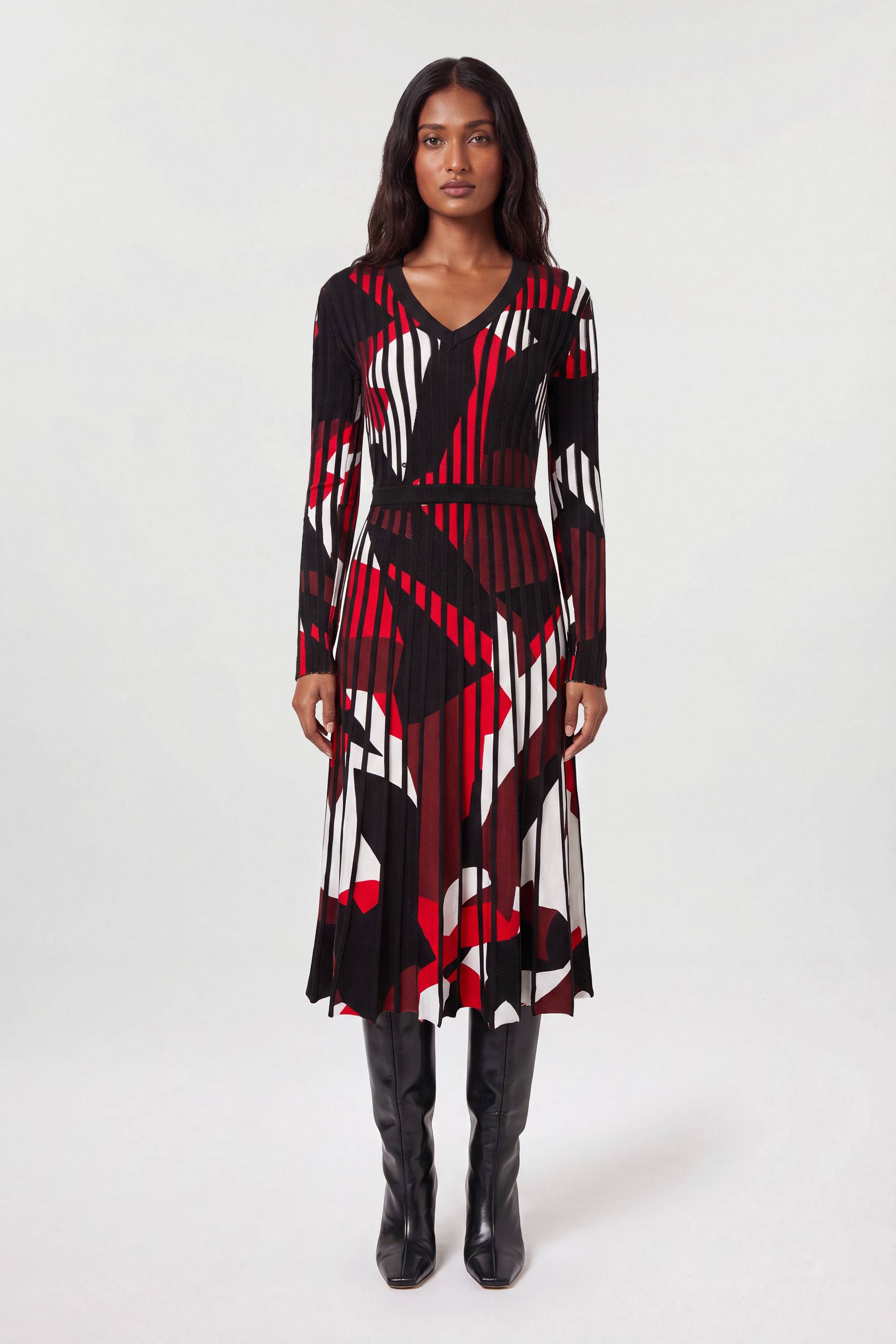 KarenMillen Robe Midi Évasée en Maille Jacquard Zèbre Petite Taille