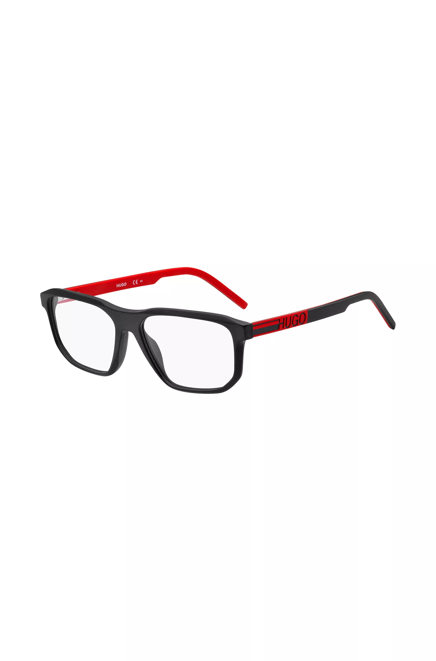 Armação de óculos HUGO em acetato vermelho e preto com logotipo emborrachado.