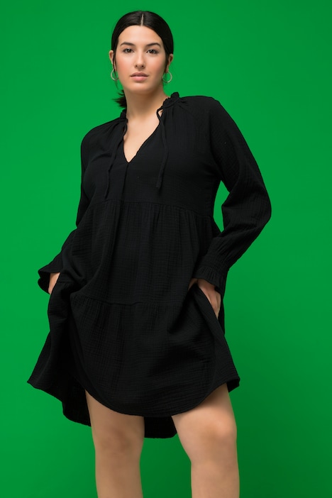 Musselin-Minikleid, A-Line, Rüschen-Ausschnitt, Langarm