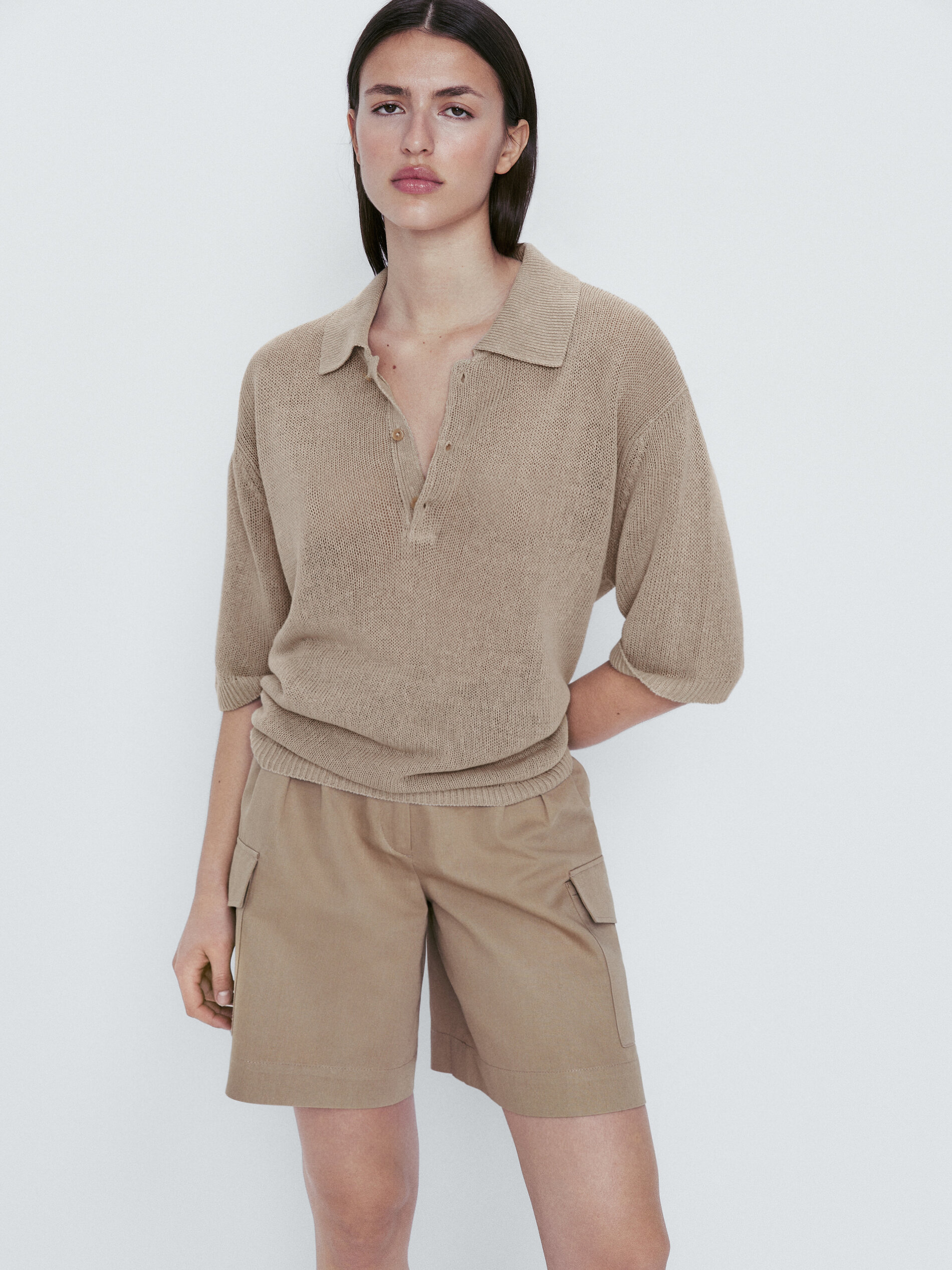 Camisa polo com botões, 100% linho - Stone