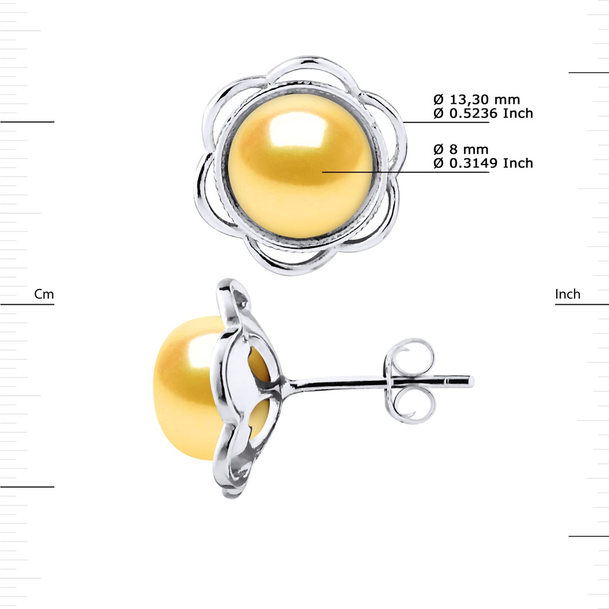 Clous d'Oreilles FLEUR Perles d'Eau Douce Boutons 8-9 mm Dorées Argent 925