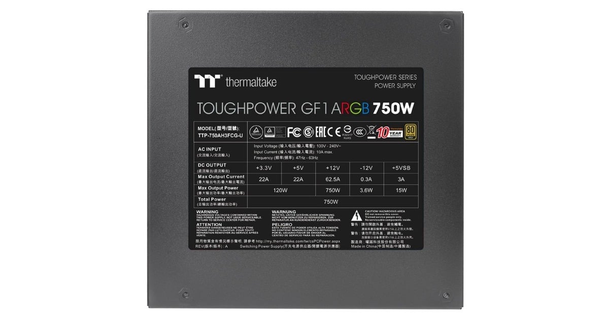 ThermaltakeToughpower GF1 ARGB modulaire 750 watt voeding   (Zwart, 4x PCIe)