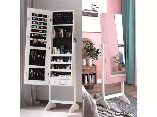 Armoire à bijoux avec grand miroir et verrouillable, 2 tiroirs, en bois naturel blanc et velours, 41,5x36,5x156cm