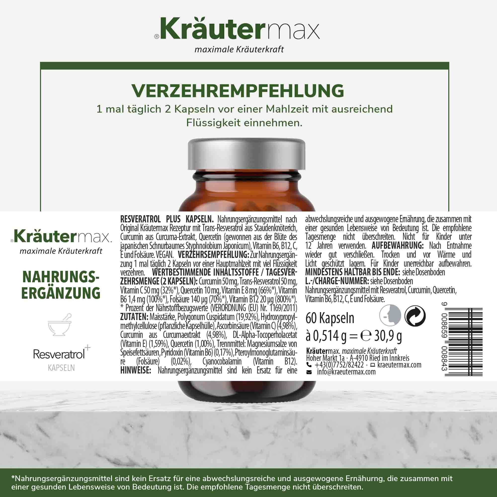 Kräutermax Resveratrol plus Curcuma, Quercetin, Vitamin B6, B12, C, E Kapseln