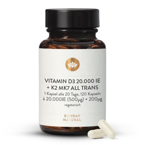 Sunday Natural Products  Vitamin D3 + K2 MK7 kapseln20.000IE + 200µgHochdosiert
