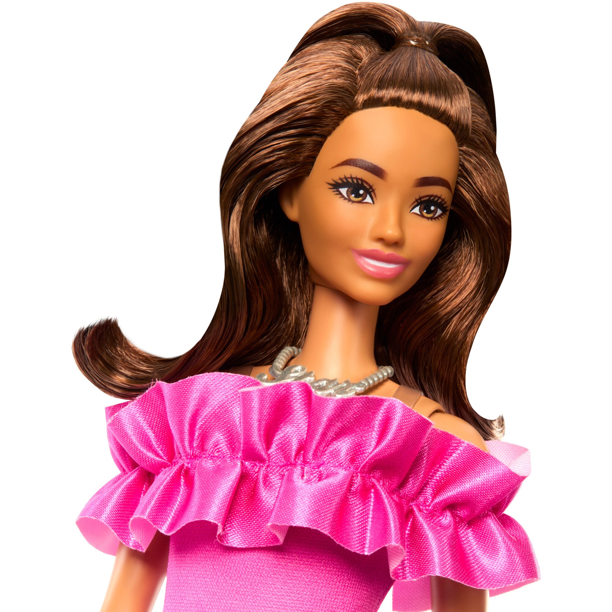 Mattel Puppe Barbie Fashionistas-Puppe mit pinkfarbenem Kleid mit Rüschenausschnitt