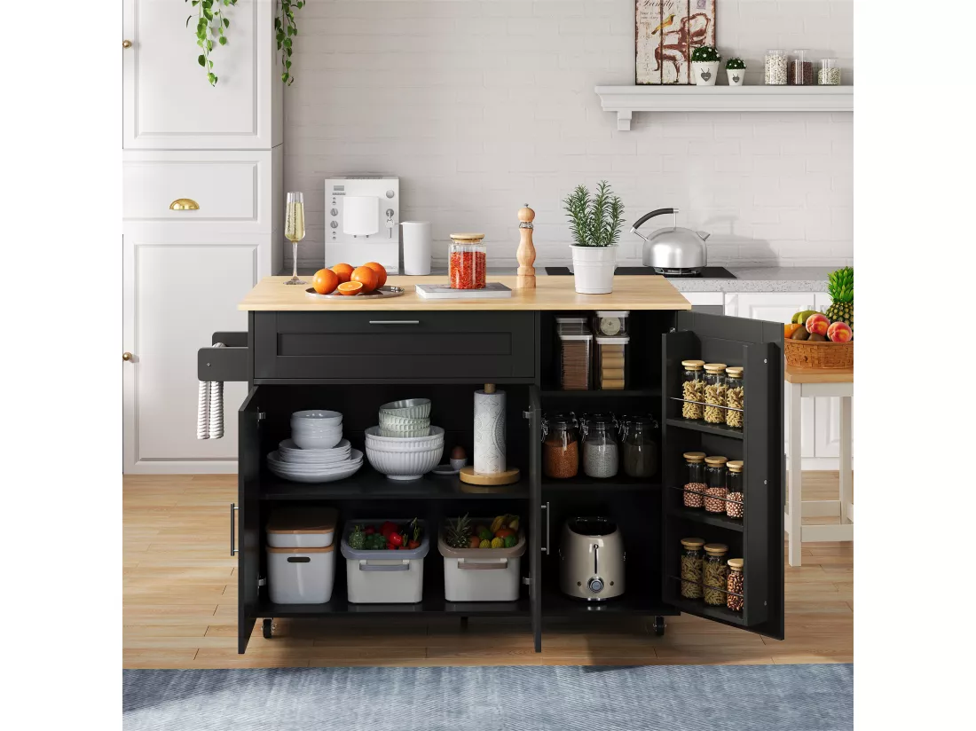 Ilot central de cuisine mobile avec 3 portes et 1 tiroir - Plateau extensible - 132.5x44(70)x90 cm - Bois MDF - Noir et naturel