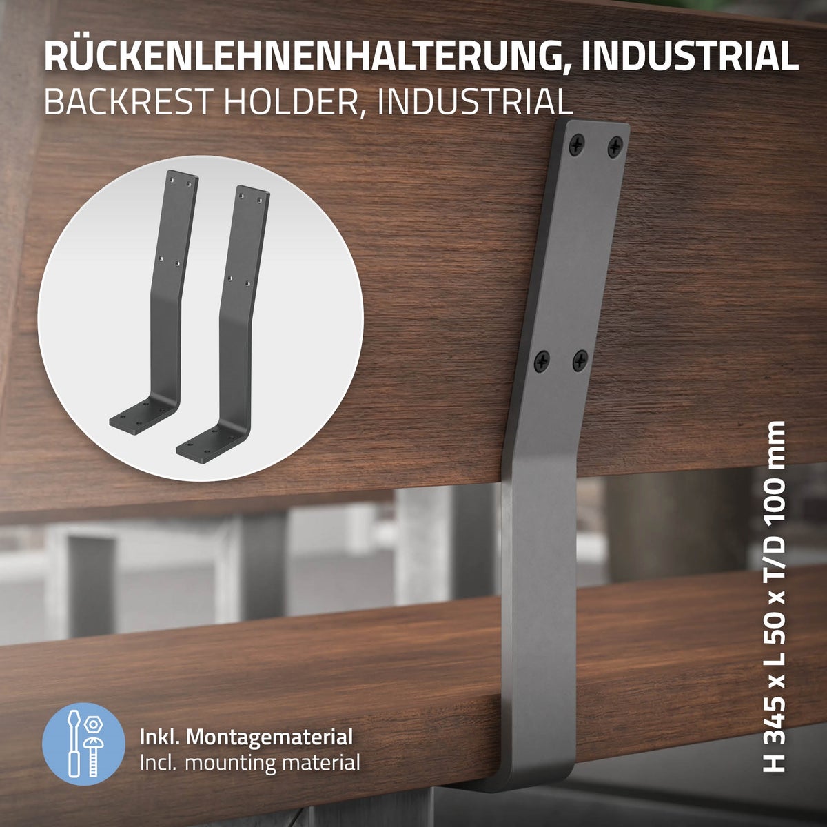 ML-Design 2-delige rugleuningbeugel, grijs, van staal, 345x90x50 mm, bankleuning, bankleuning om vast te schroeven, metalen rugleuningbeugelprofiel voor banken, bedden en stoelen