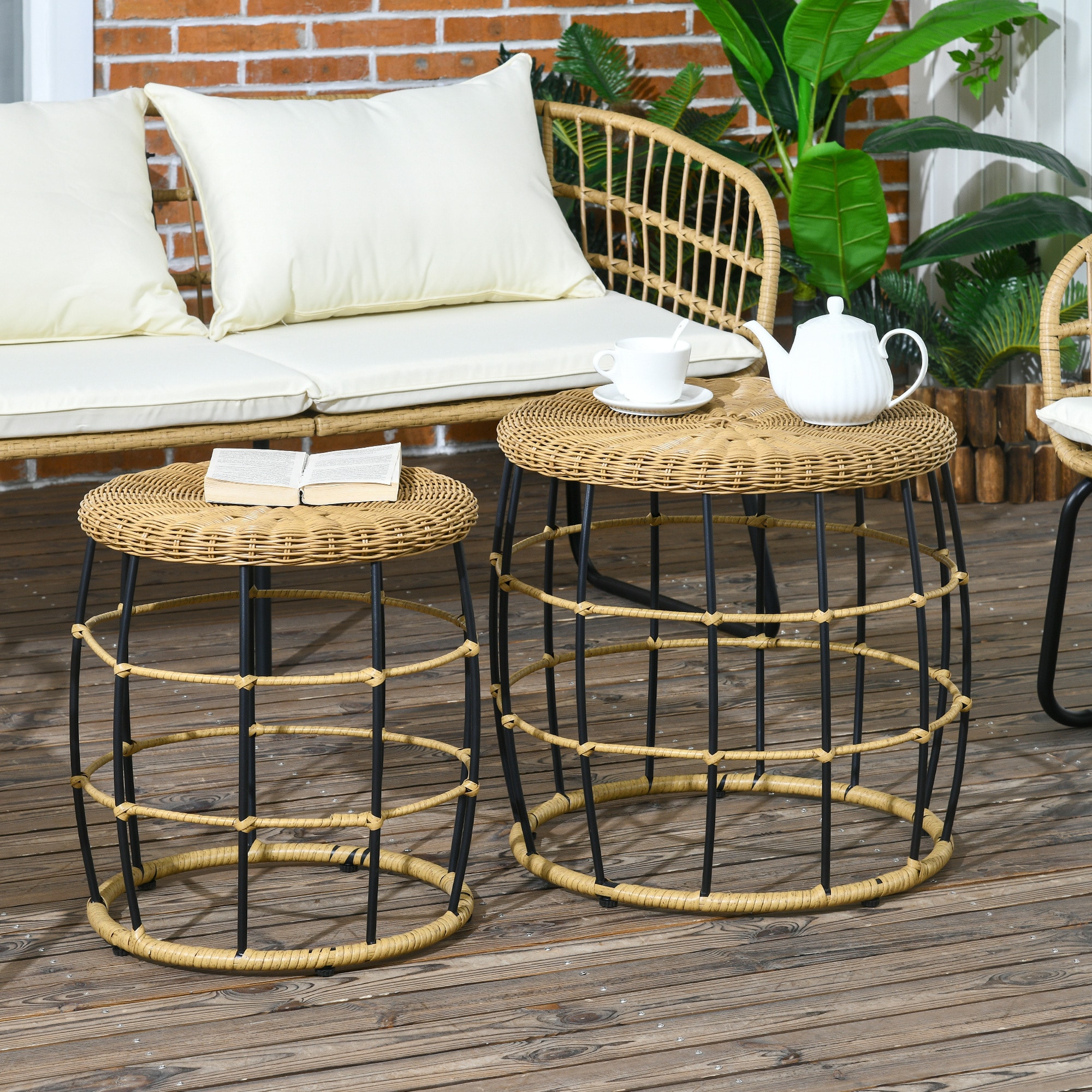 Outsunny Beistelltisch-Set mit Flechtplatte braun Ø58 x 53H cm