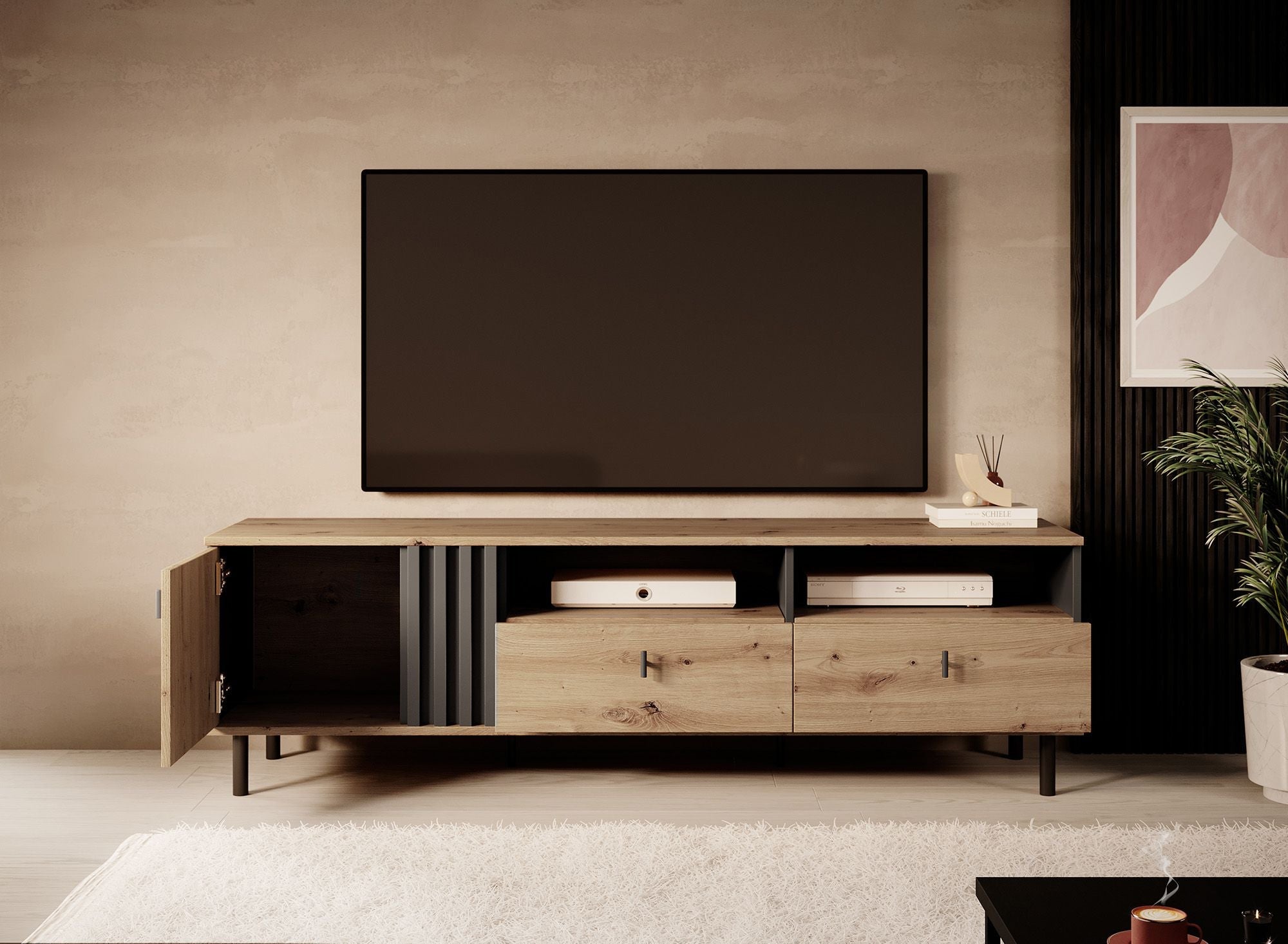 Meubella - TV-Meubel Marcos - Eiken - Antraciet - 165 cm