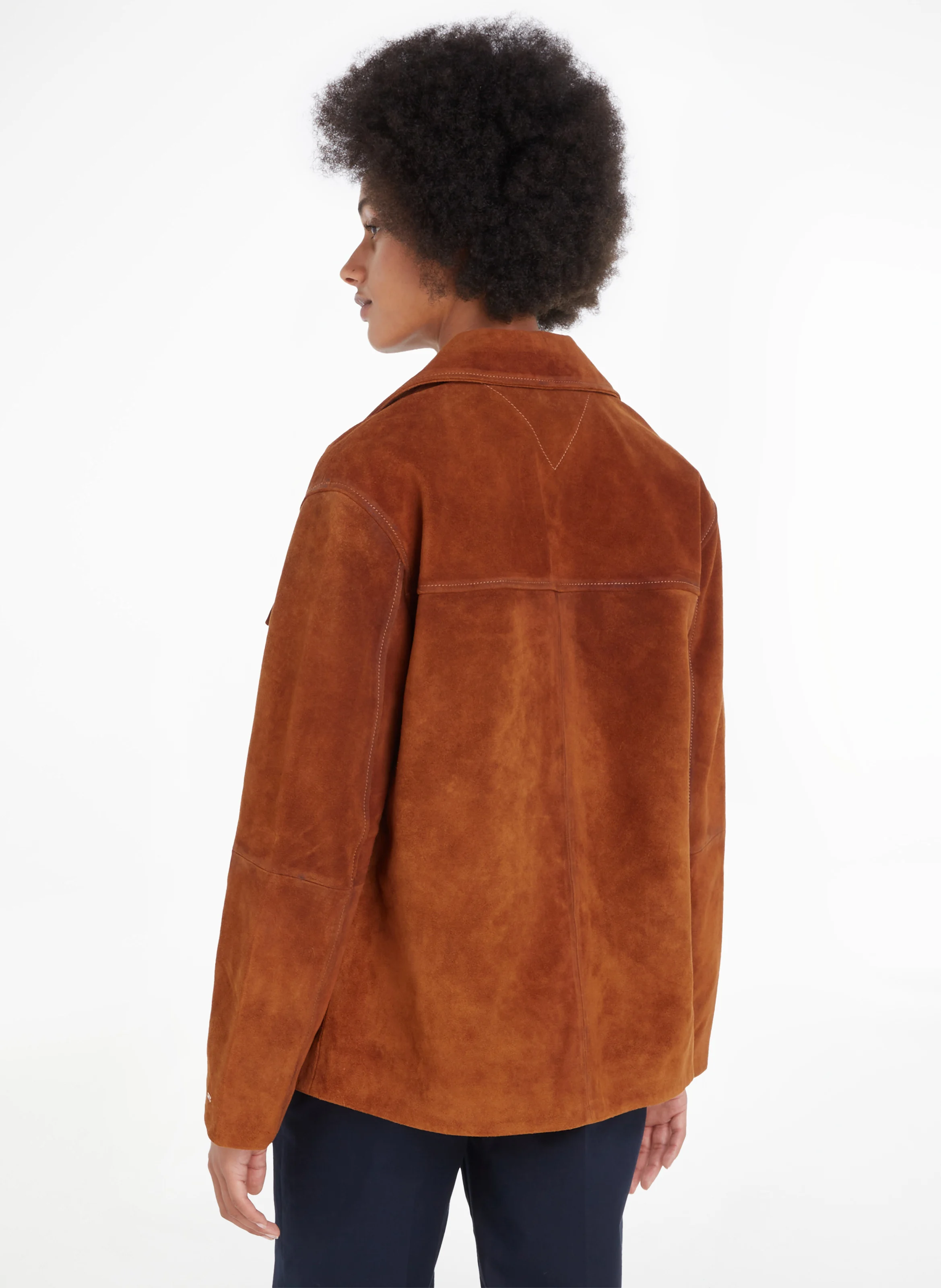 Veste droite col classique en cuir velours | Marron