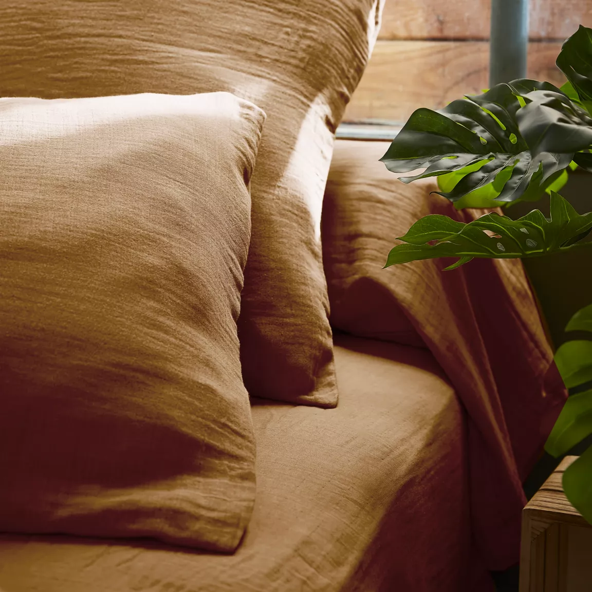 Drap housse gaze de coton (200 x 200 cm) Gaïa Camel