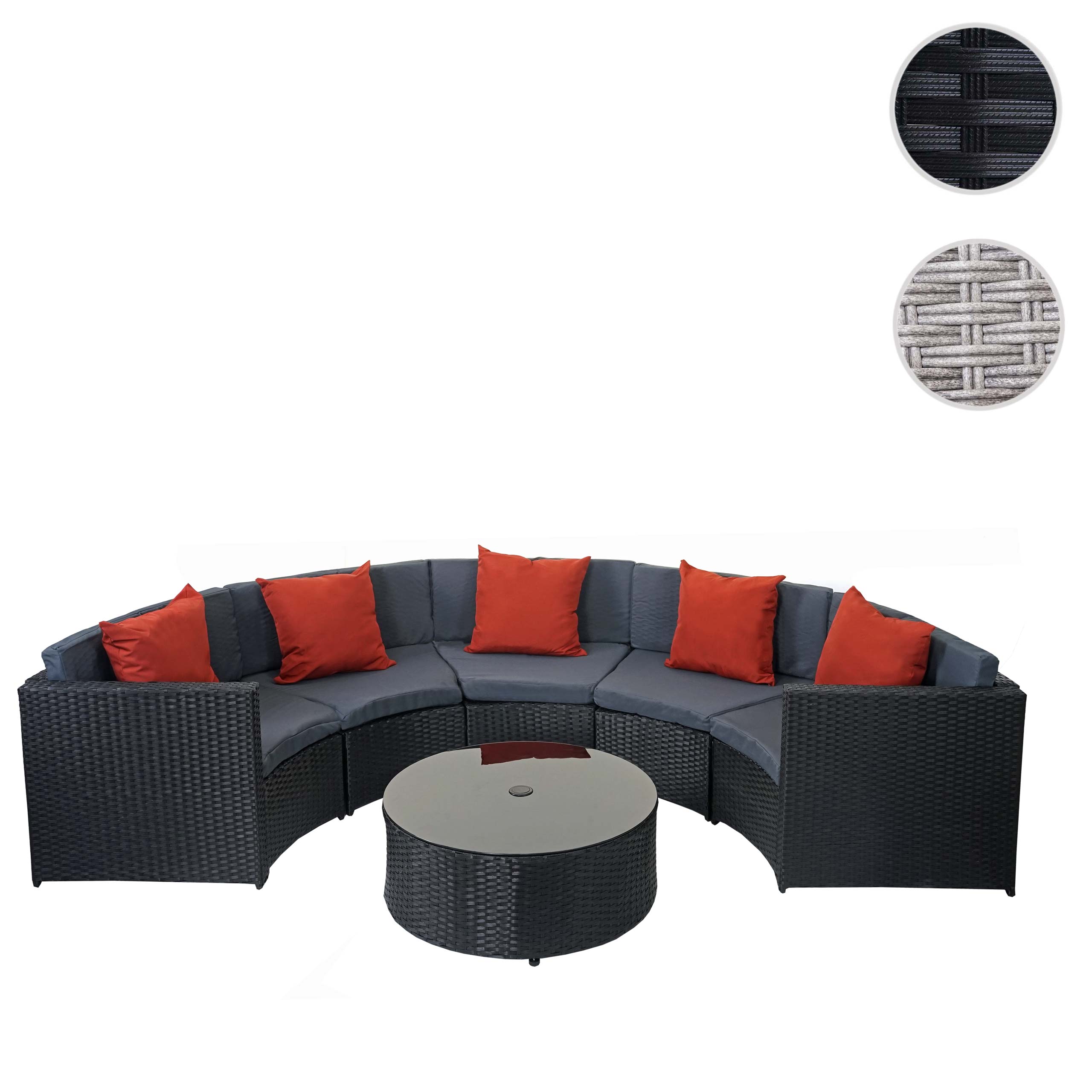Poly-Rattan Garnitur rund MCW-E17, Garten-Set Sitzgruppe ~ schwarz, Polster dunkelgrau, Kissen terracotta