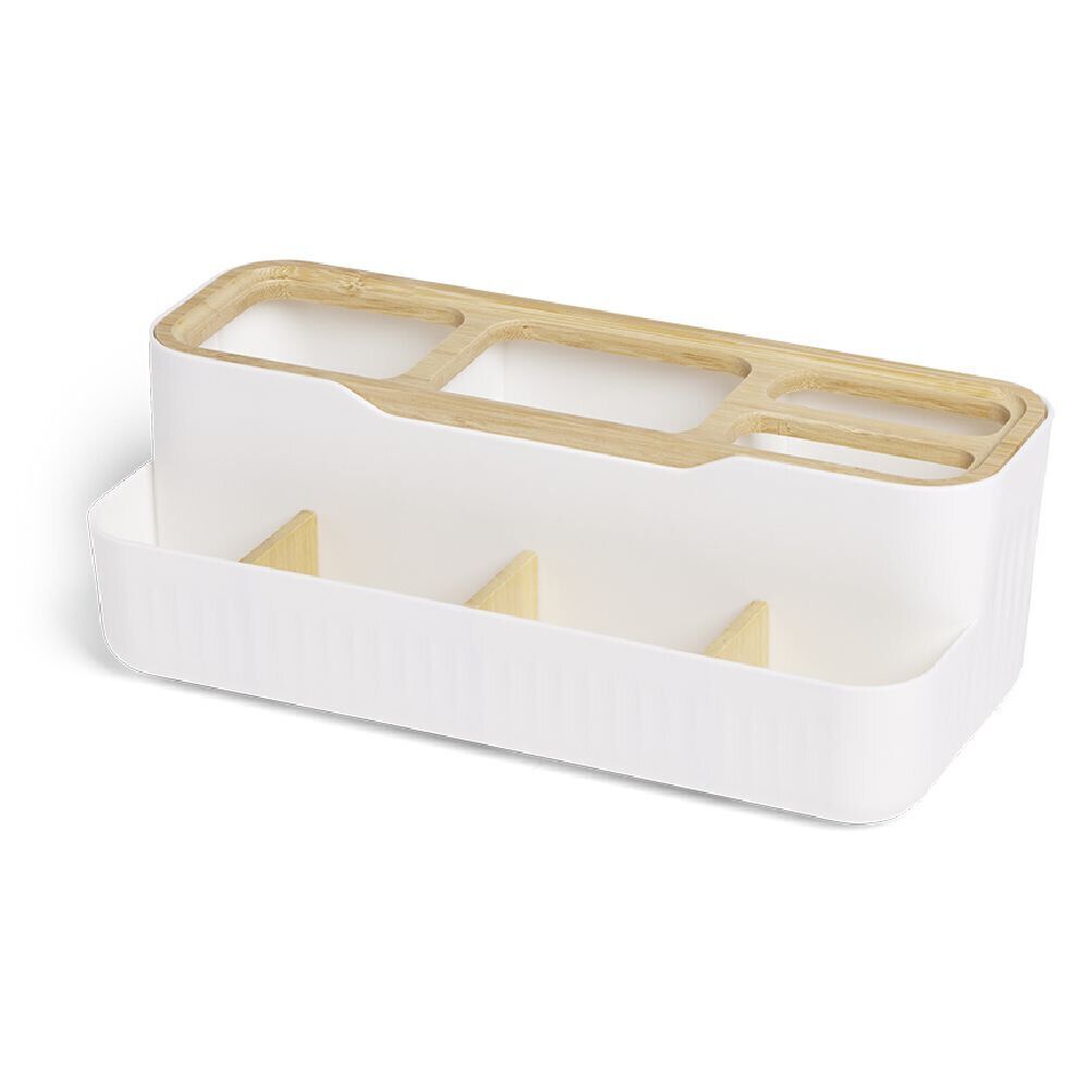 Rangement salle de bain bambou et plastique blanc