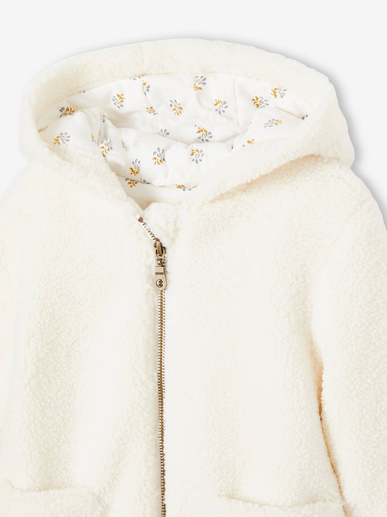 Jaqueta com capuz em sherpa, branca lisa, para meninas.