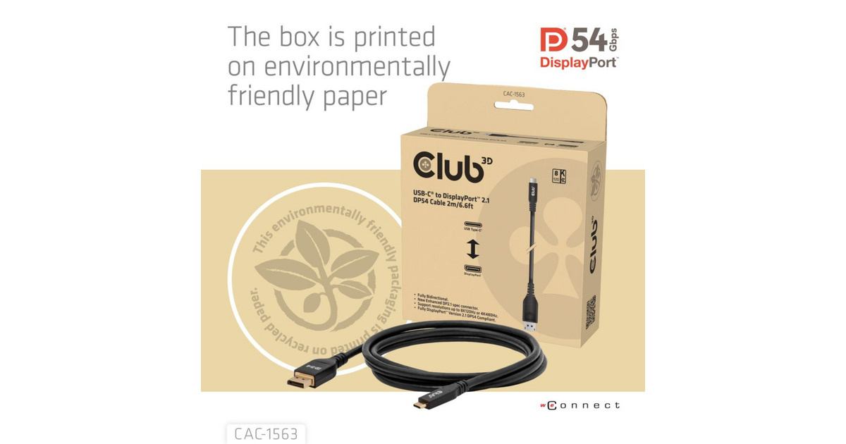 Club 3DUSB-C naar DisplayPort 2.1 DP54 Bi-Directioneel kabel, 8K120Hz 2m  (Zwart)