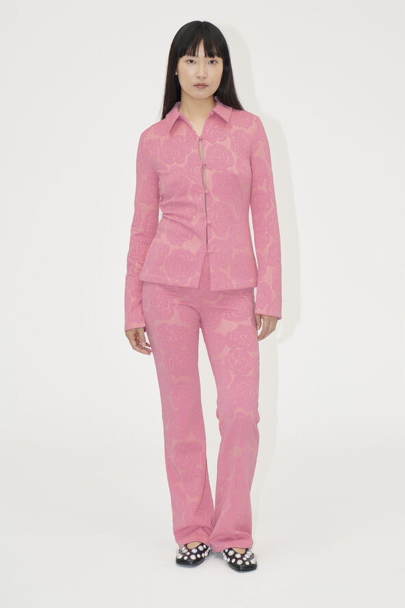 Stine Goya Long Flared Elasticated Pants, 2297 Floral Relief Lurex Jers Rose relief