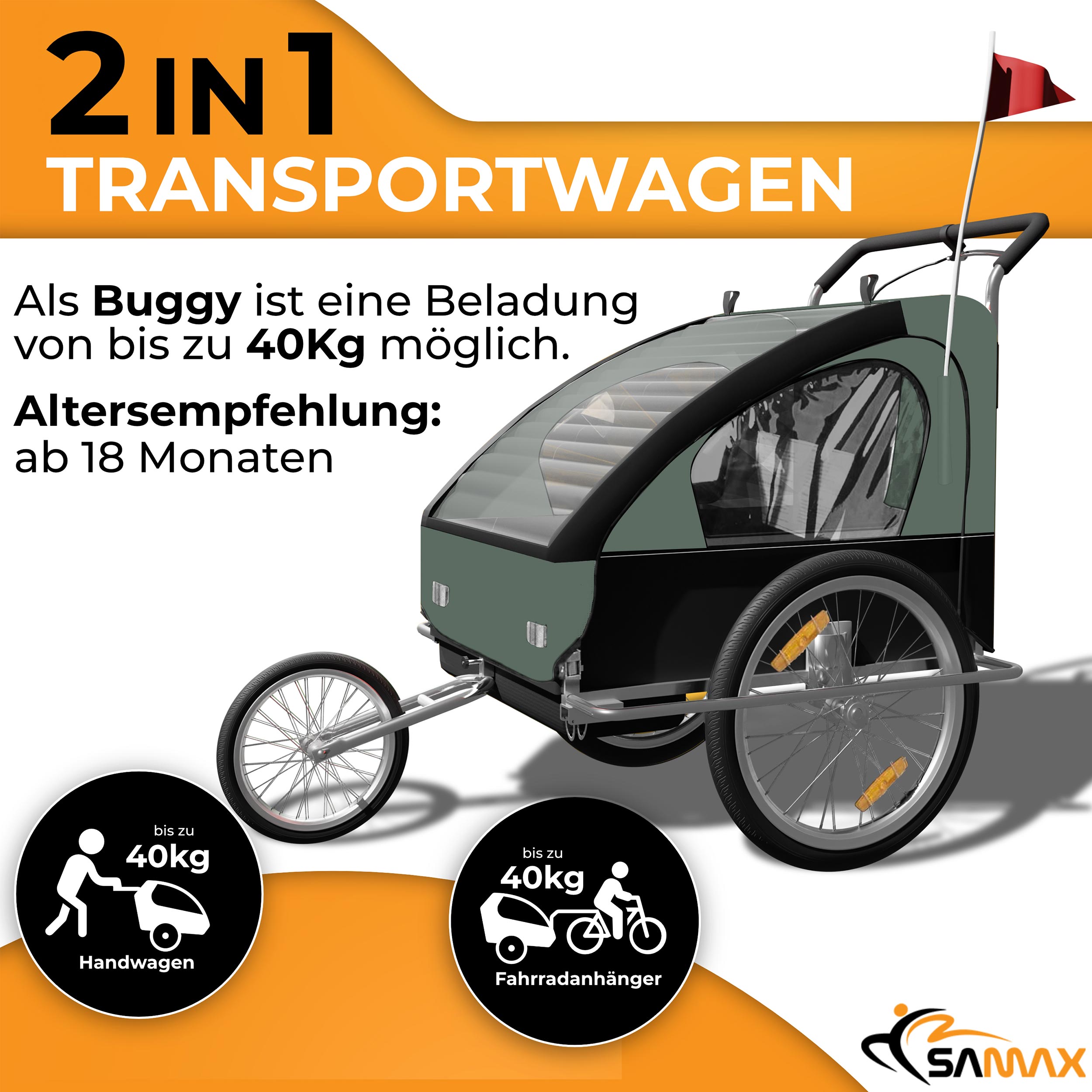 SAMAX Fahrradanhänger 2in1 Jogger - in Dunkelgrün/Schwarz - Silver Frame