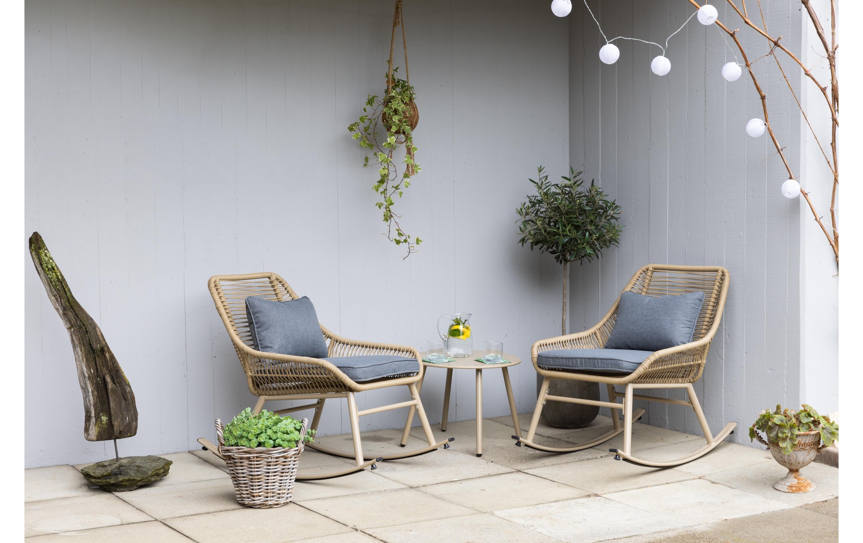 Loungeset Minusio, Beige/Grau, 2 Sitzplätze<br>Zwei Schaukelstühle und ein Tisch für Garten, Terrasse oder Balkon