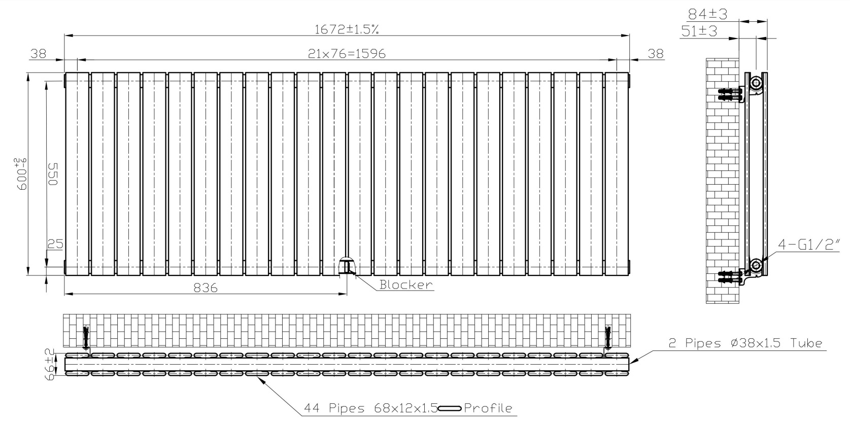 Eastbrook Warrington paneelradiator type 20 165x60cm 2668W antraciet