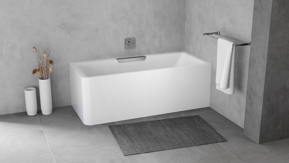 Polysan Monolith Cascata rechts half vrijstaand bad met RVS waterval uitloop 180x80cm