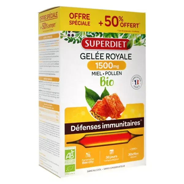 Superdiet Geleia Real Orgânica, Mel e Pólen - 20 ampolas + 10 grátis