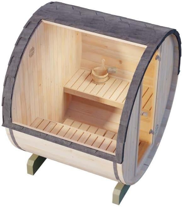 Fass-Sauna Mini XS, 194 x 160 x 194 cm Gartensauna, Outdoor Sauna mit 42 mm Wandstärke, inkl. Montagematerial, Glastür aus Sicherheitsglas, 3 Personen, inkl. Dachschindeln, Außensauna