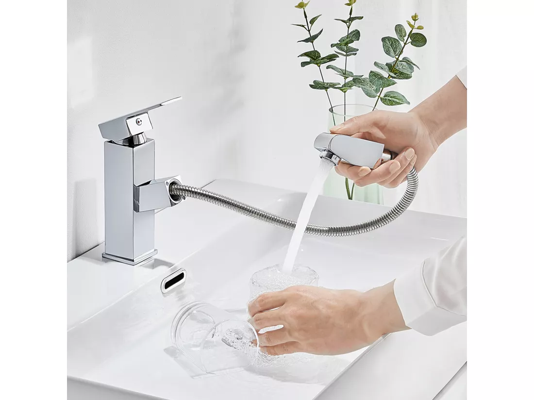 Robinet Lavabo avec Douchette Extractible Robinet Salle Bain Laiton Chromé Mitigeur Lavabo Eau Froide/Chaude Robinetterie pour Salle Bain,EU Modèle
