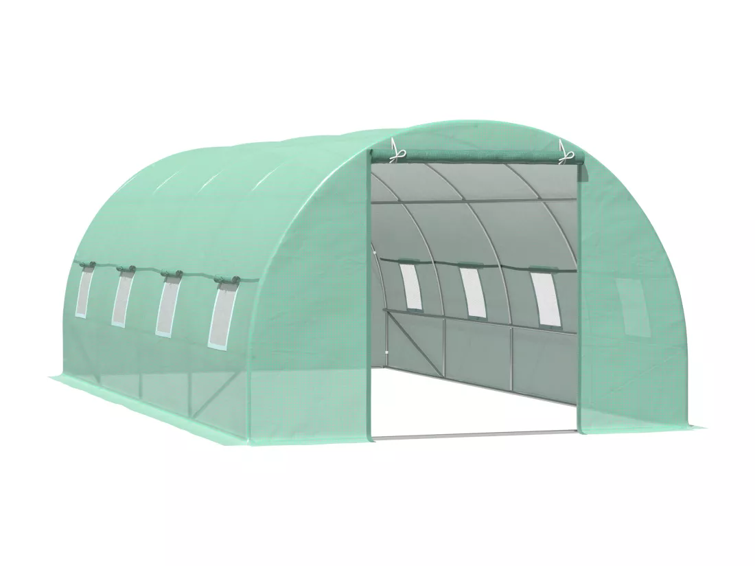 Serre de jardin tunnel 5,9L x 3l x 2H m châssis tubulaire acier galvanisé renforcé 2,5 cm 8 fenêtres 1 porte vert