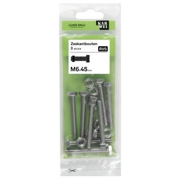 KARWEI zeskantbout voldraad rvs M6x45 mm 8 stuks