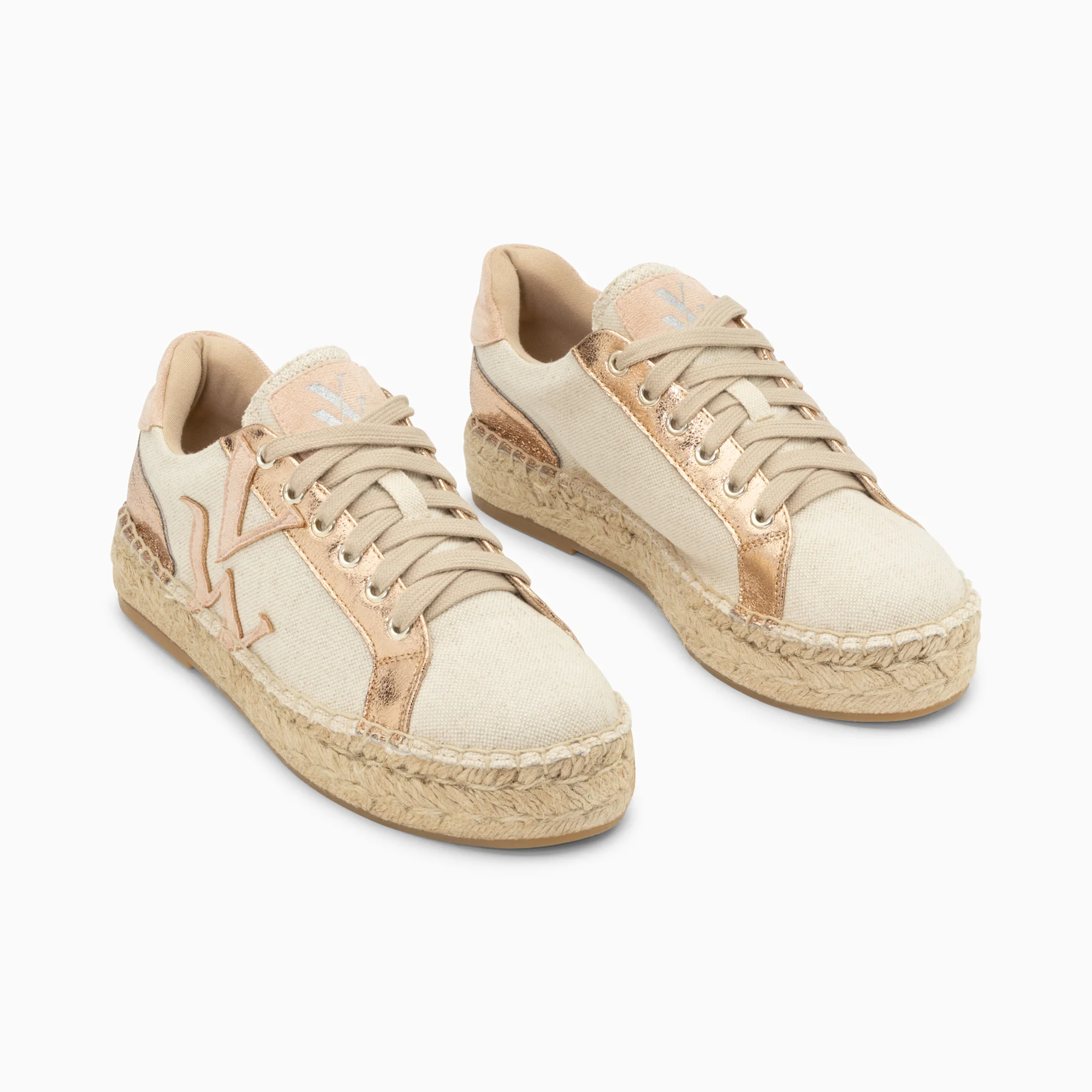 Sneakers-Baskets monogramme Aurore rose et rose gold à semelle espadrille