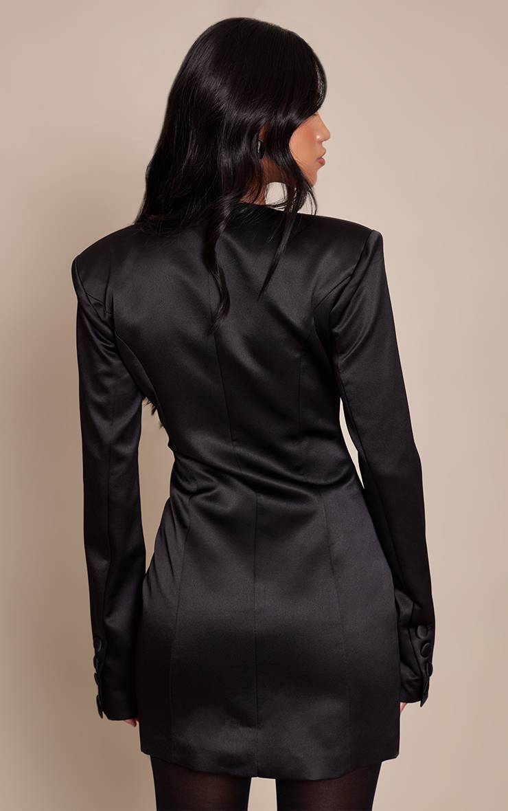 Noir Robe Blazer Satinée À Manches Longues Boutonnée