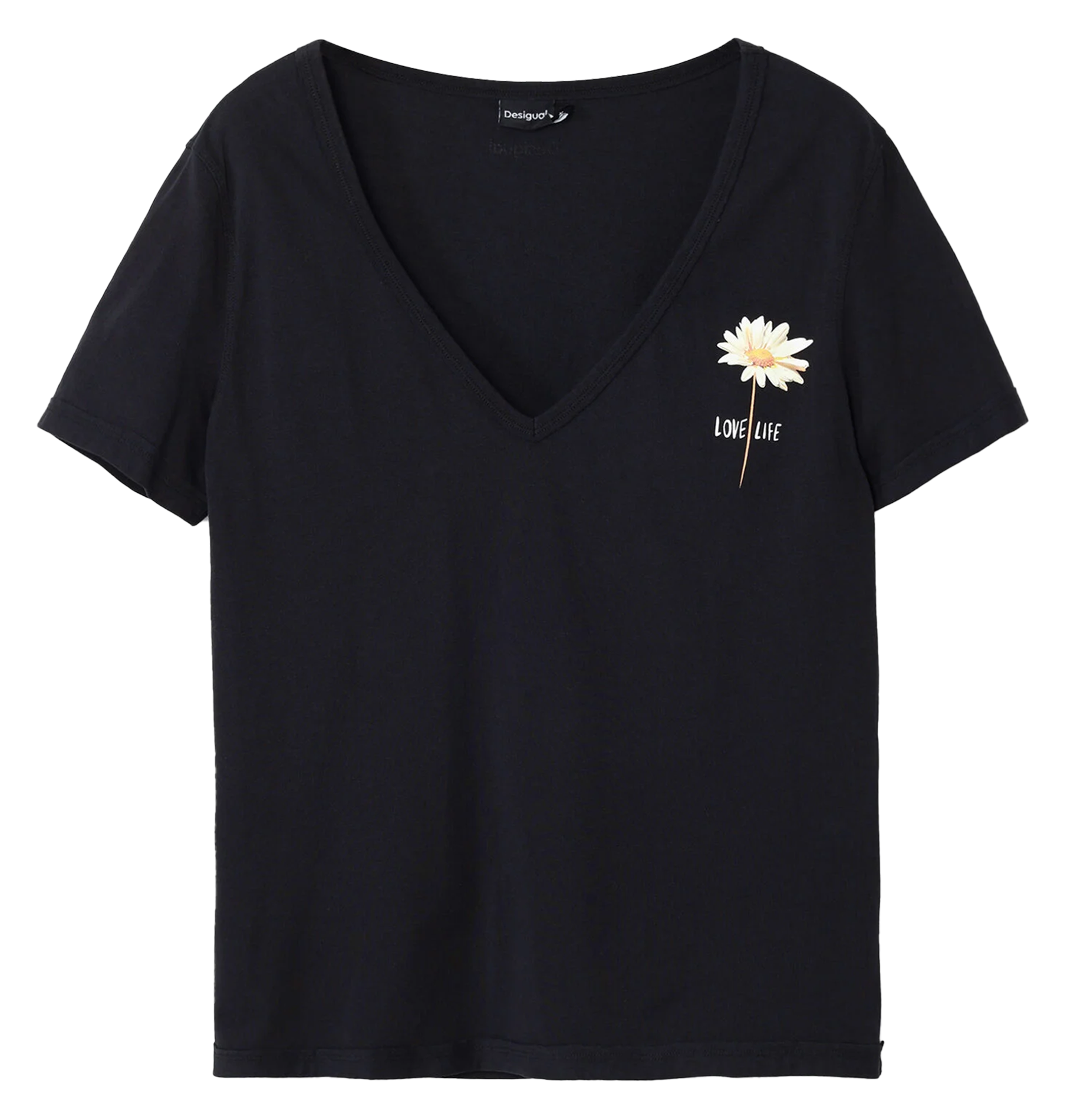 Tee-shirt droit col V en coton sérigraphié | Noir