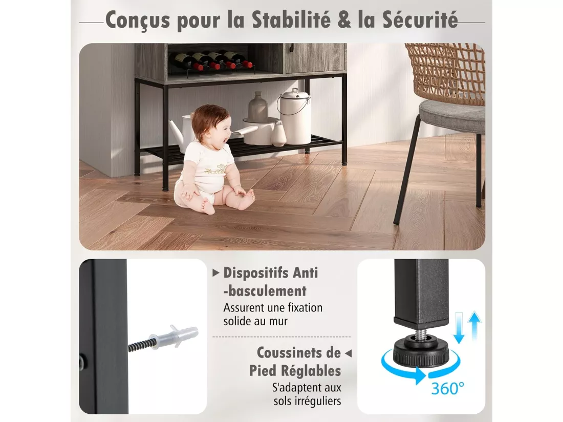 Buffet cuisine, meuble avec cassier à vin & étagères, armoire avec cadre métallique(gris)