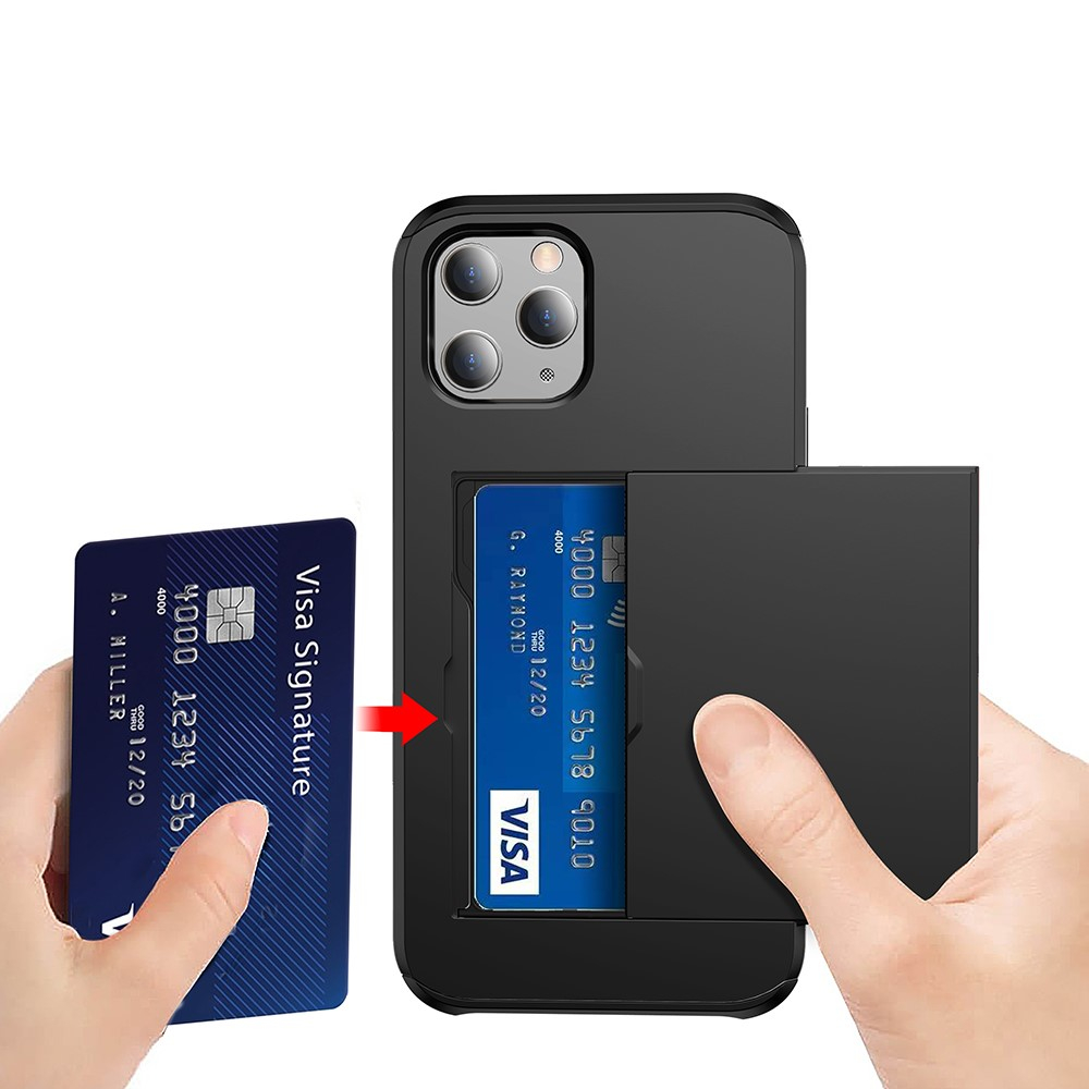iPhone 12 / iPhone 12 Pro Hybrid Hardcase Hülle mit integriertem Karten Portemonnaie (aufschiebbar) - Schwarz
