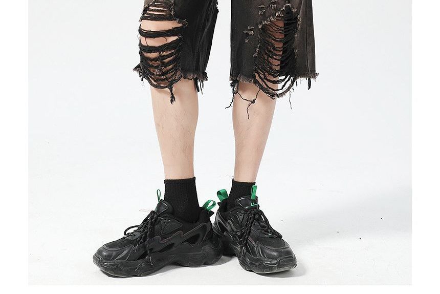 Hushgrain - Mid Rise Washed Distressed Denim Shorts